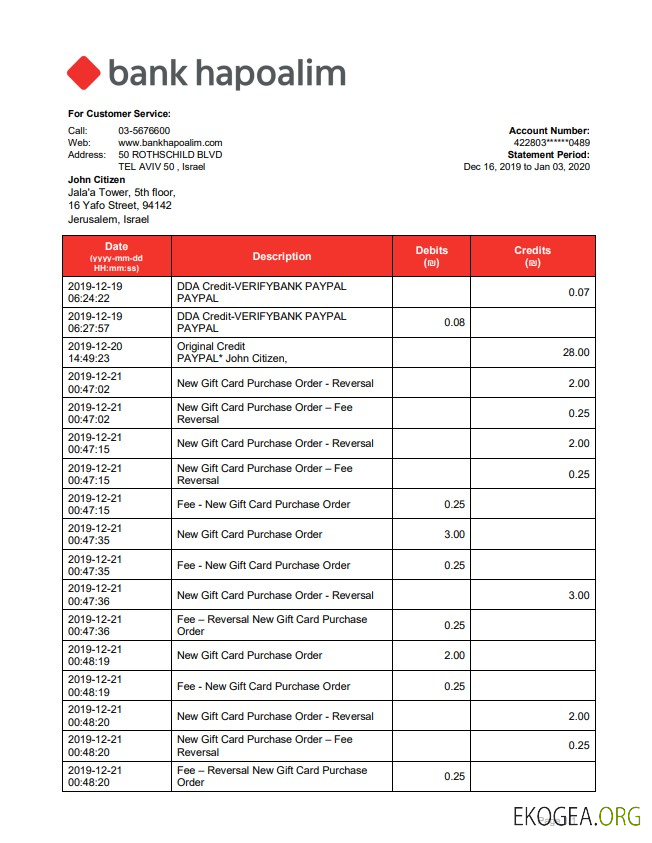 Relevé de la banque Israel Bank Hapoalim